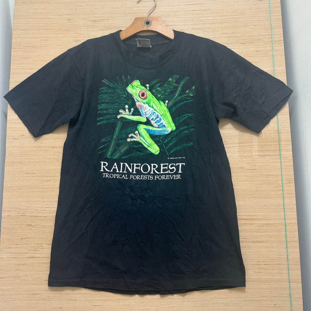 Vintage 1990 Oneita Rainforest Red Eyed Tree Frog T-Shirt Black Large USA Made